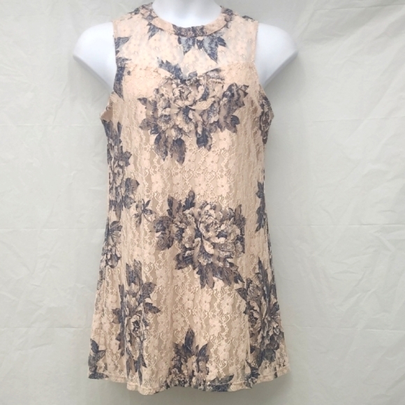 Lace Mini Dress Tunic Sweetheart Neck Pastel Peach Blu Gray Rose Floral Coquette - Picture 1 of 11